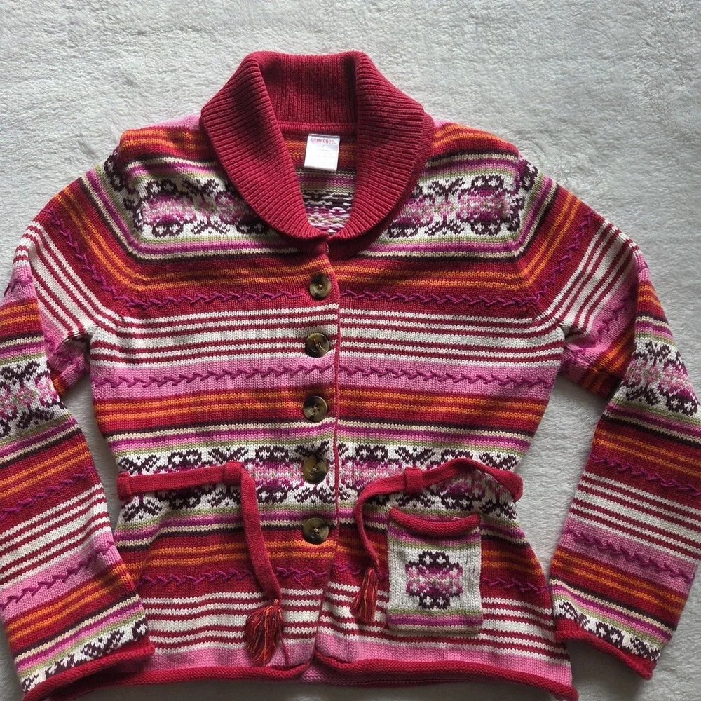 Vintage Gymboree Cardigan Sweater Fair Isle Striped Belted Girls Sz 7 Tight Knit